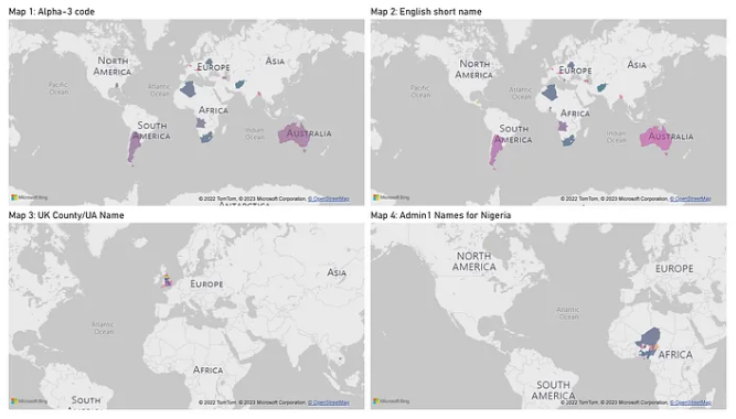 The “Filled Map” visual, showing attempts to map 3 different data tables with varying success. The colour assigned to each country is based on a random numerical value | Source: author, Microsoft Power BI